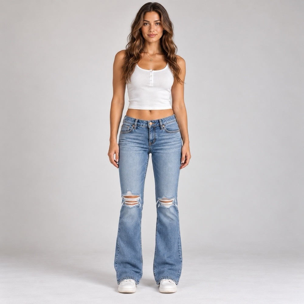 American Eagle Kick Boot Jeans 10 Super Low Rise Distressed Stretch Y2K Blue 30W